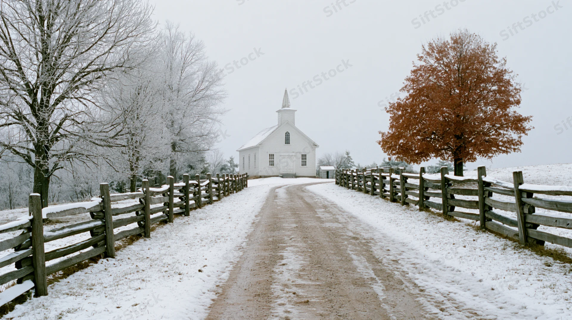 Small white clapboard church with steeple at end of snow-covered dirt road lined with wooden fence and bare trees in rural winter landscape