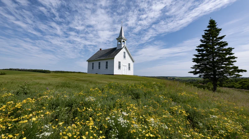 Small white clapboard church with steeple and cross on a grassy hill surrounded by wildflowers under a blue sky with clouds