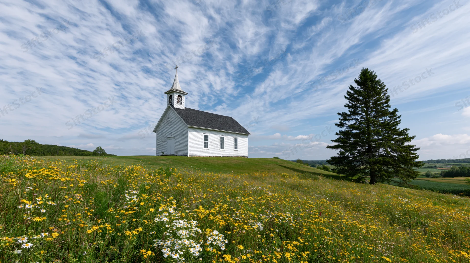Small white clapboard church with steeple and cross on a grassy hill surrounded by wildflowers under a blue sky with wispy clouds