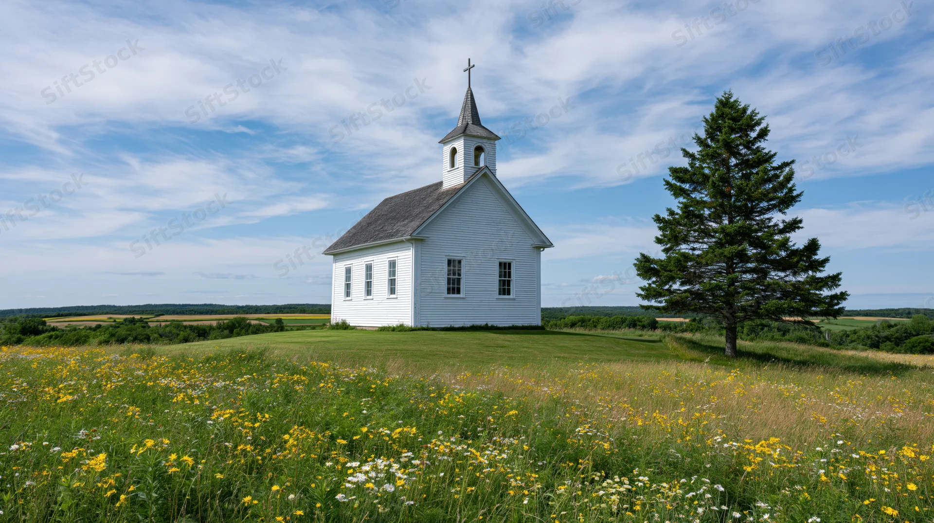 Small white clapboard church with steeple and cross standing in a grassy field with wildflowers under a blue sky