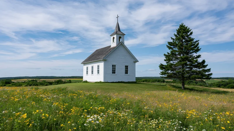 Small white clapboard church with steeple and cross standing in a grassy field with wildflowers under a blue sky