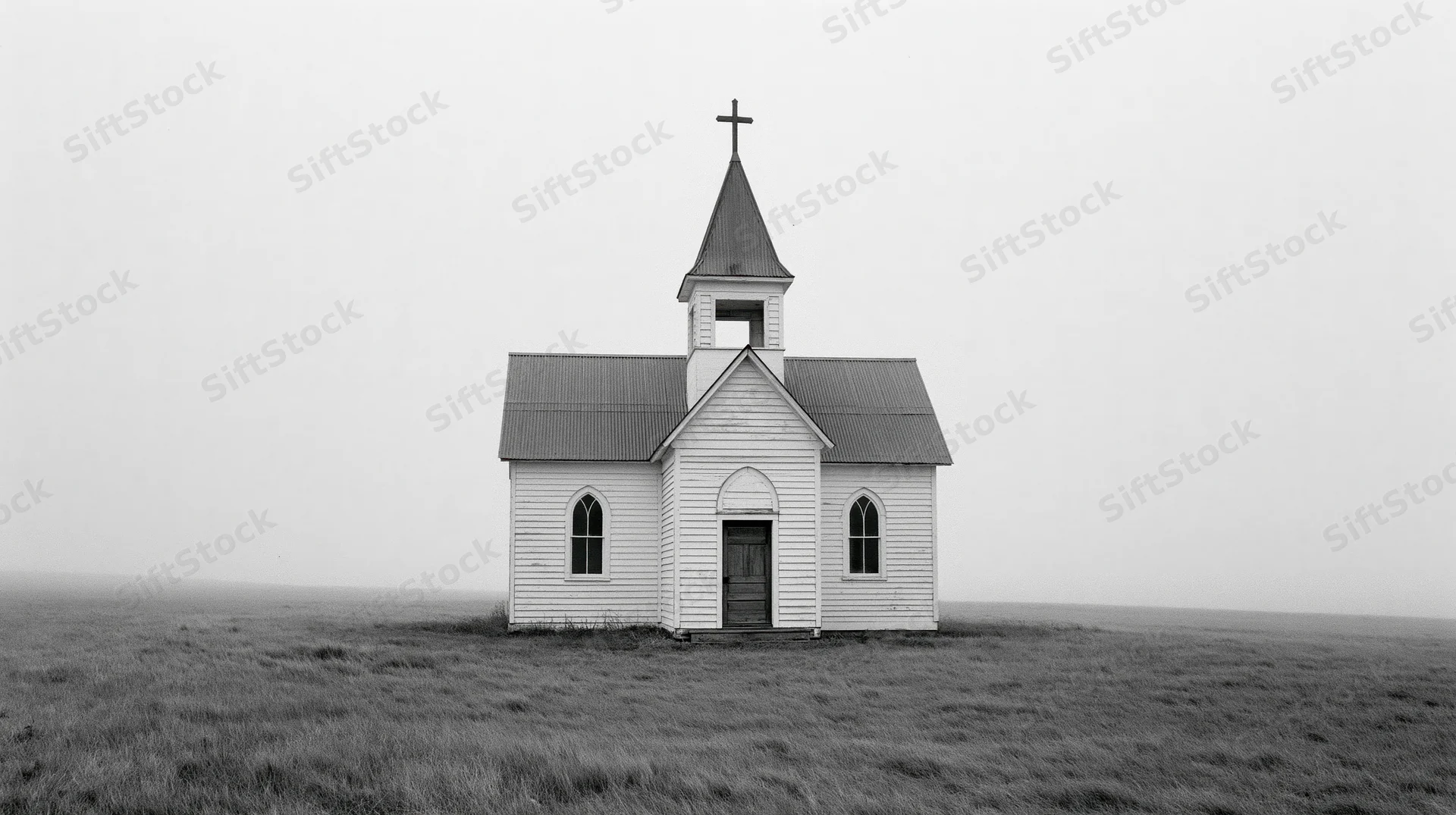 Small white clapboard church with steeple and cross standing alone in a grassy prairie field under an overcast sky