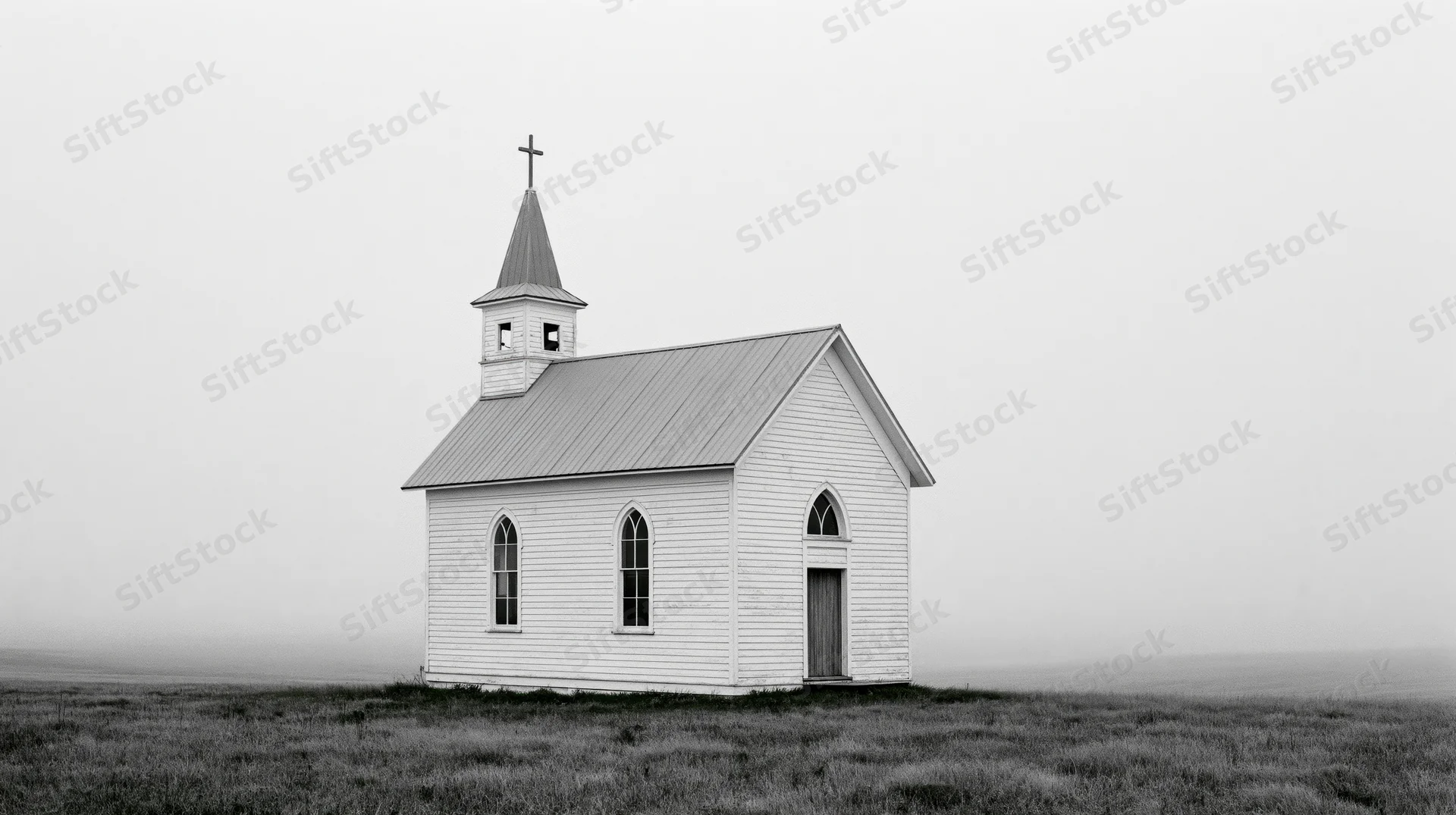 Small white clapboard church with steeple and cross on open prairie field