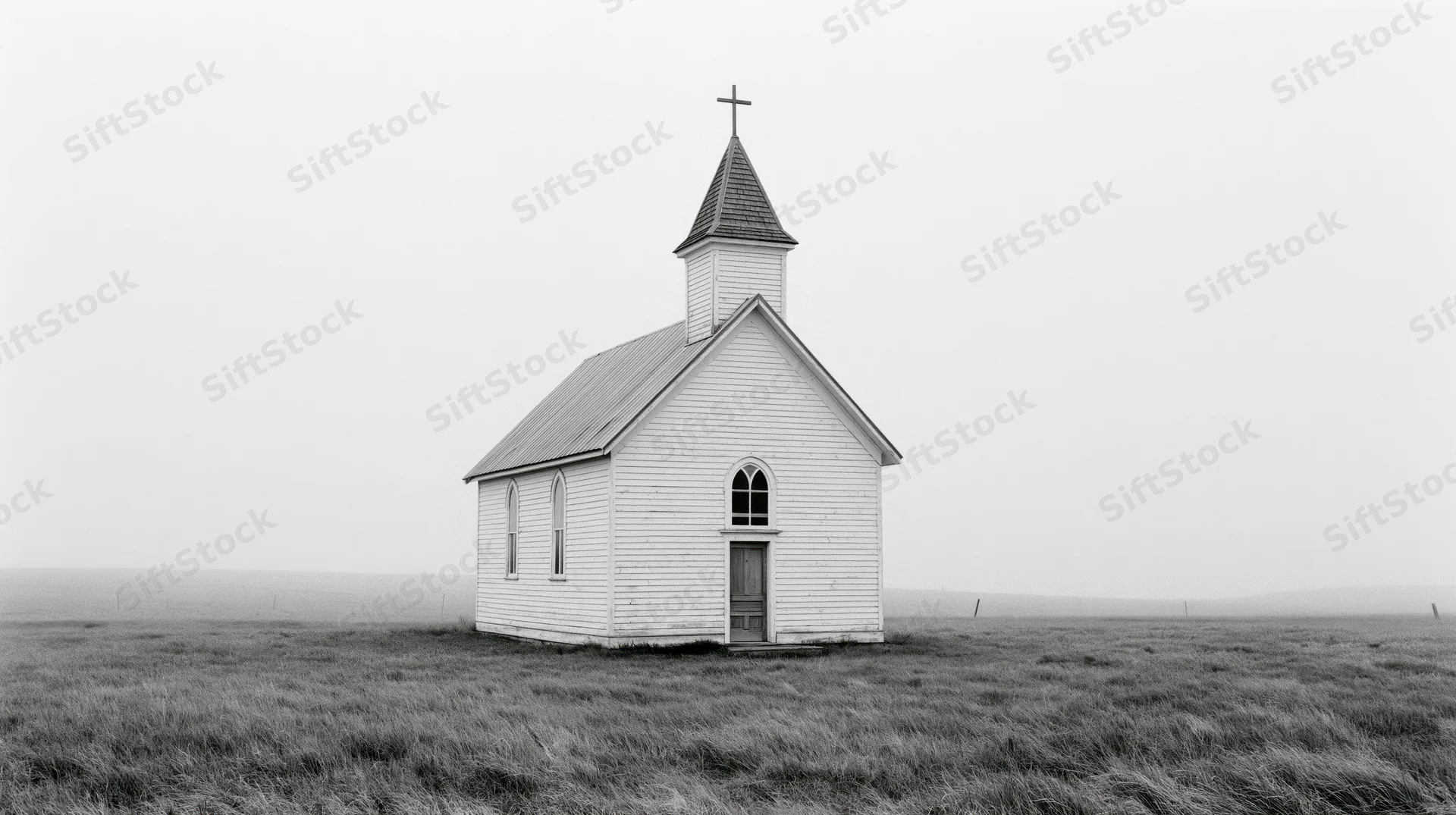 Small white clapboard church with steeple and cross standing alone in a grassy prairie field under overcast sky
