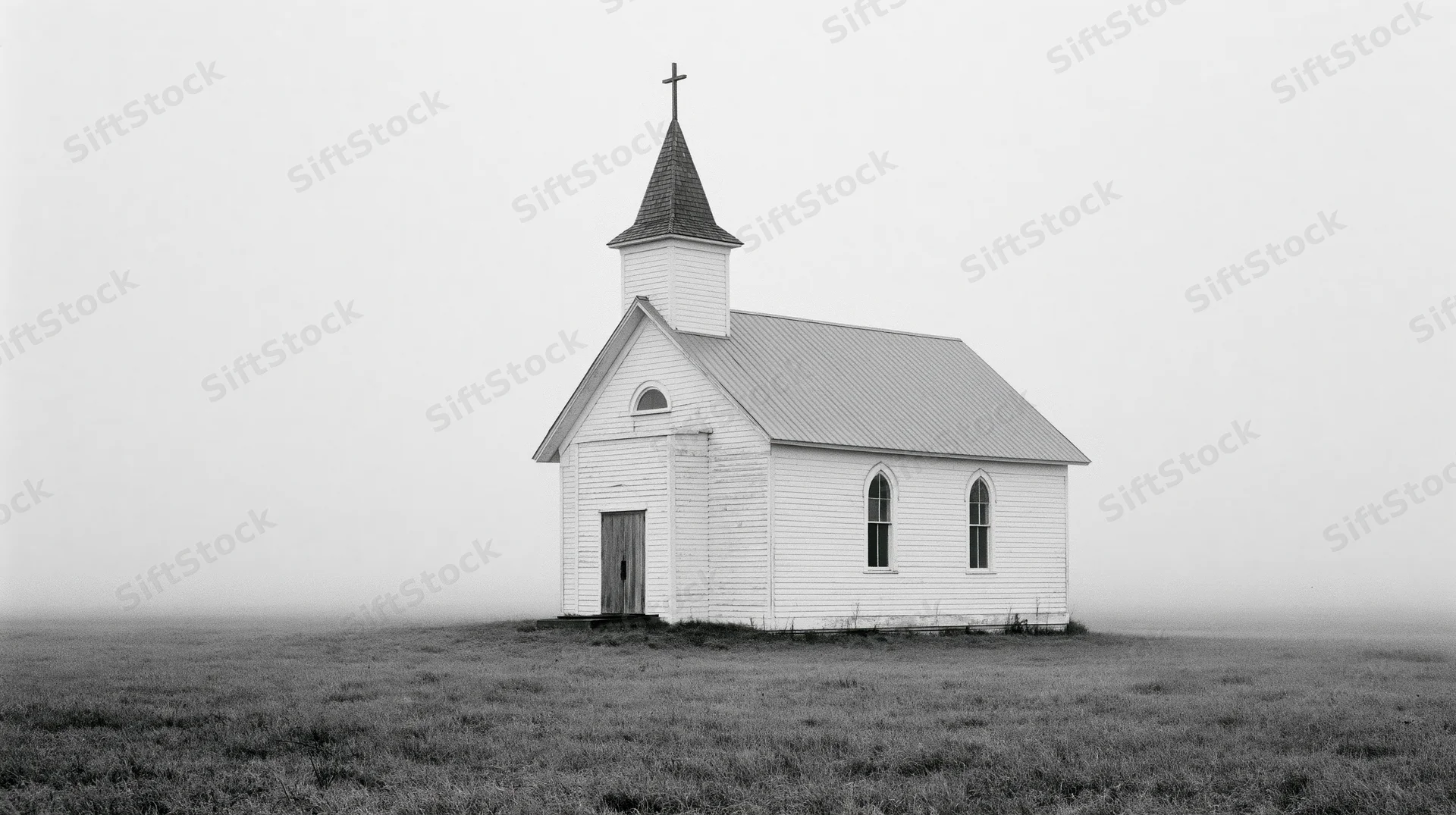 Small white clapboard church with steeple and cross standing alone in a foggy prairie field