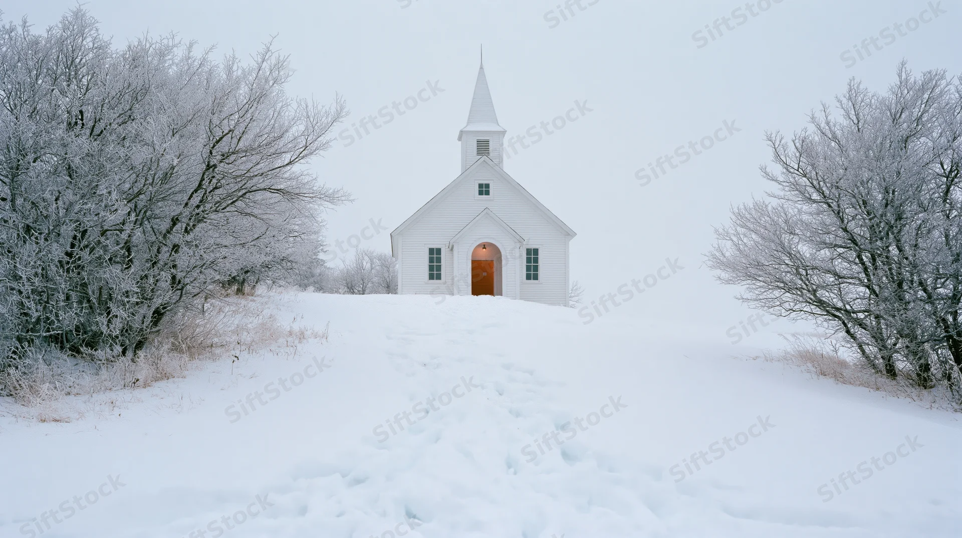 Small white country church with pointed steeple standing on snowy hill, surrounded by frosted trees and footprints in snow