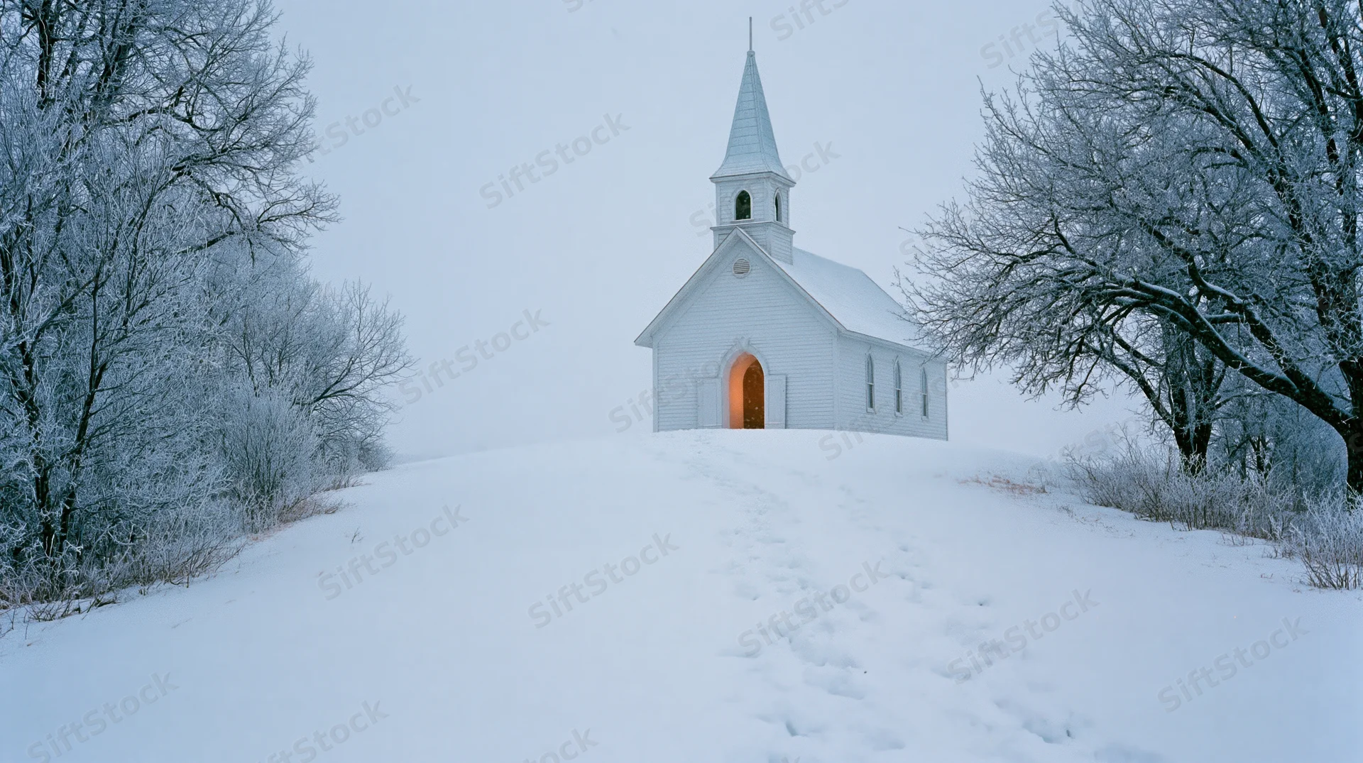 Small white country church with pointed steeple on snow-covered hill, entrance glowing warmly, path of footprints leading up to it