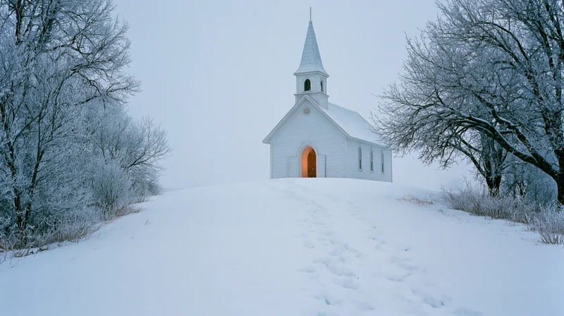 Small white country church with pointed steeple on snow-covered hill, entrance glowing warmly, path of footprints leading up to it