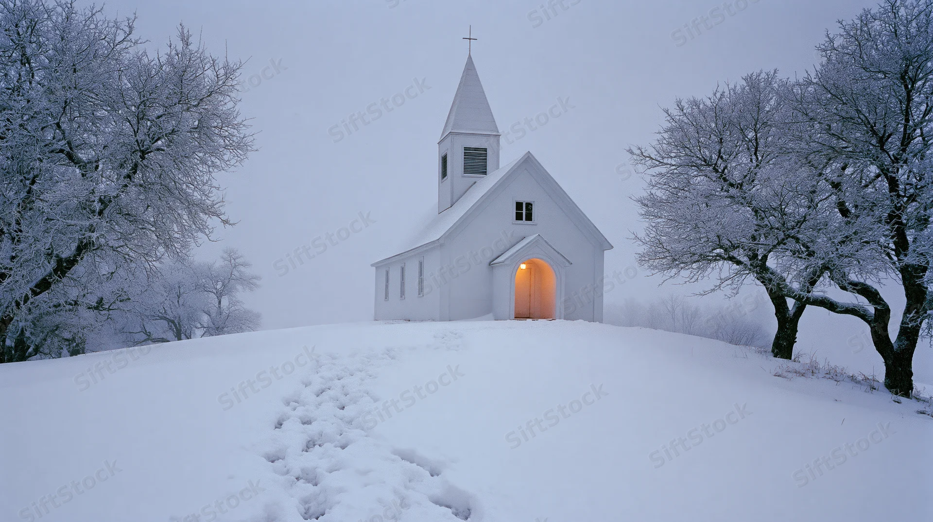 Small white country church with pointed steeple on snowy hill, entrance glowing warmly, path of footprints leading up to it