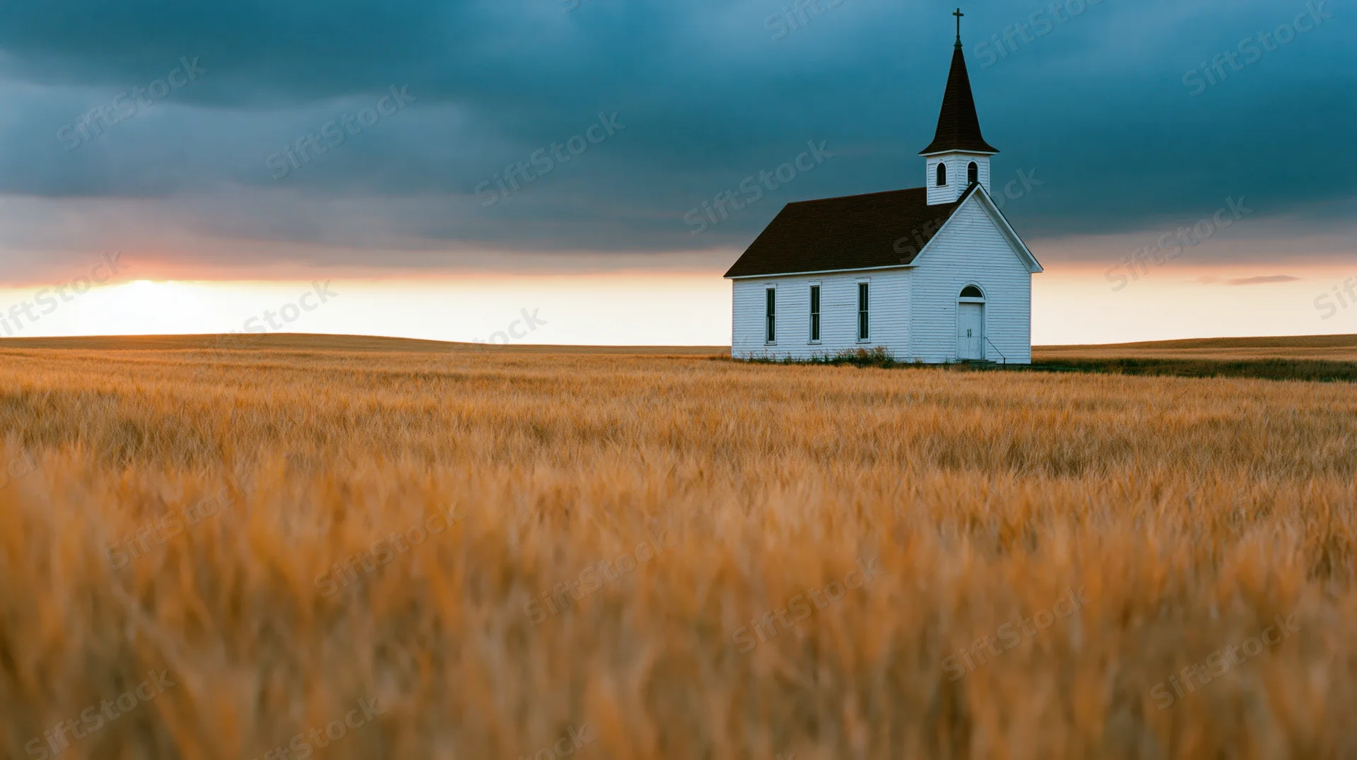 Small white chapel with dark steeple and cross stands alone in golden wheat field at sunset