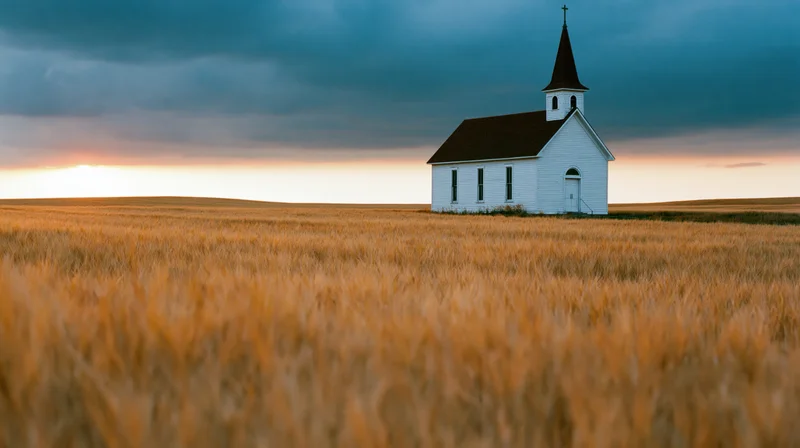 Small white chapel with dark steeple and cross stands alone in golden wheat field at sunset
