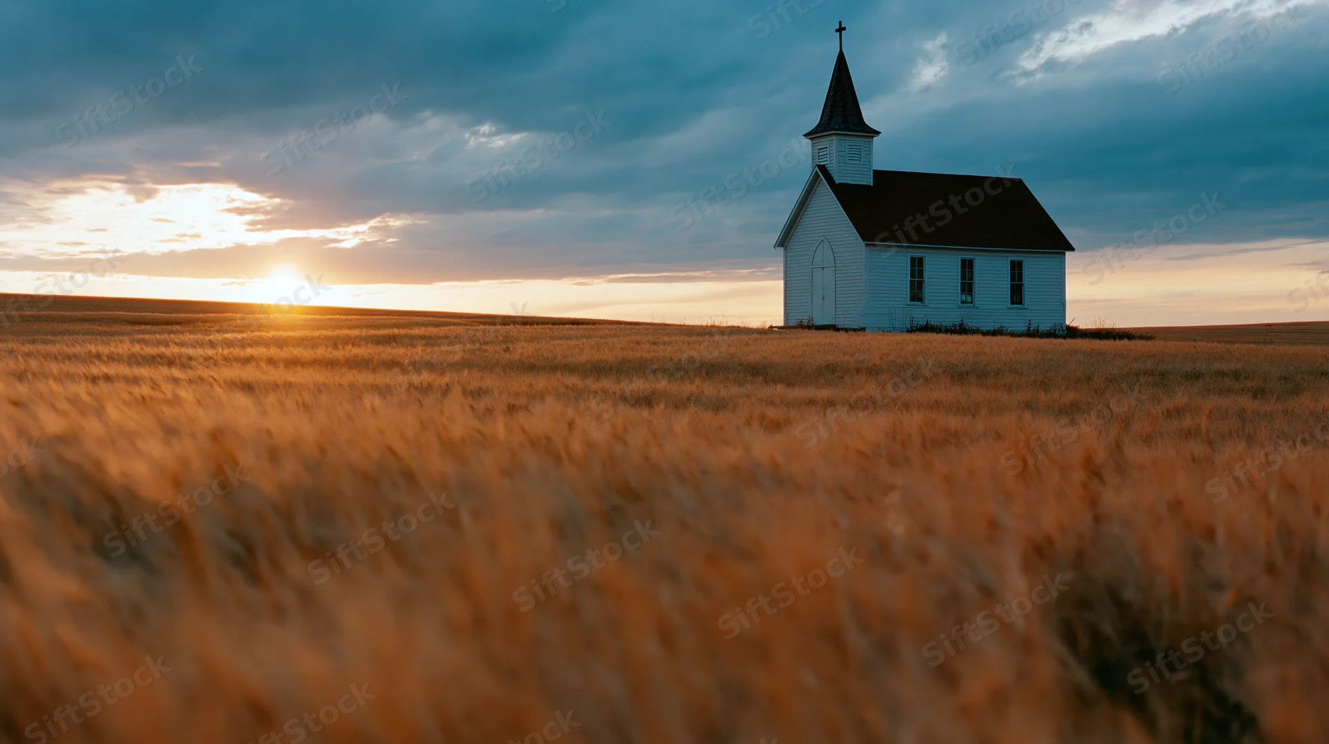 Small white chapel with dark steeple and cross standing in a golden wheat field at sunset