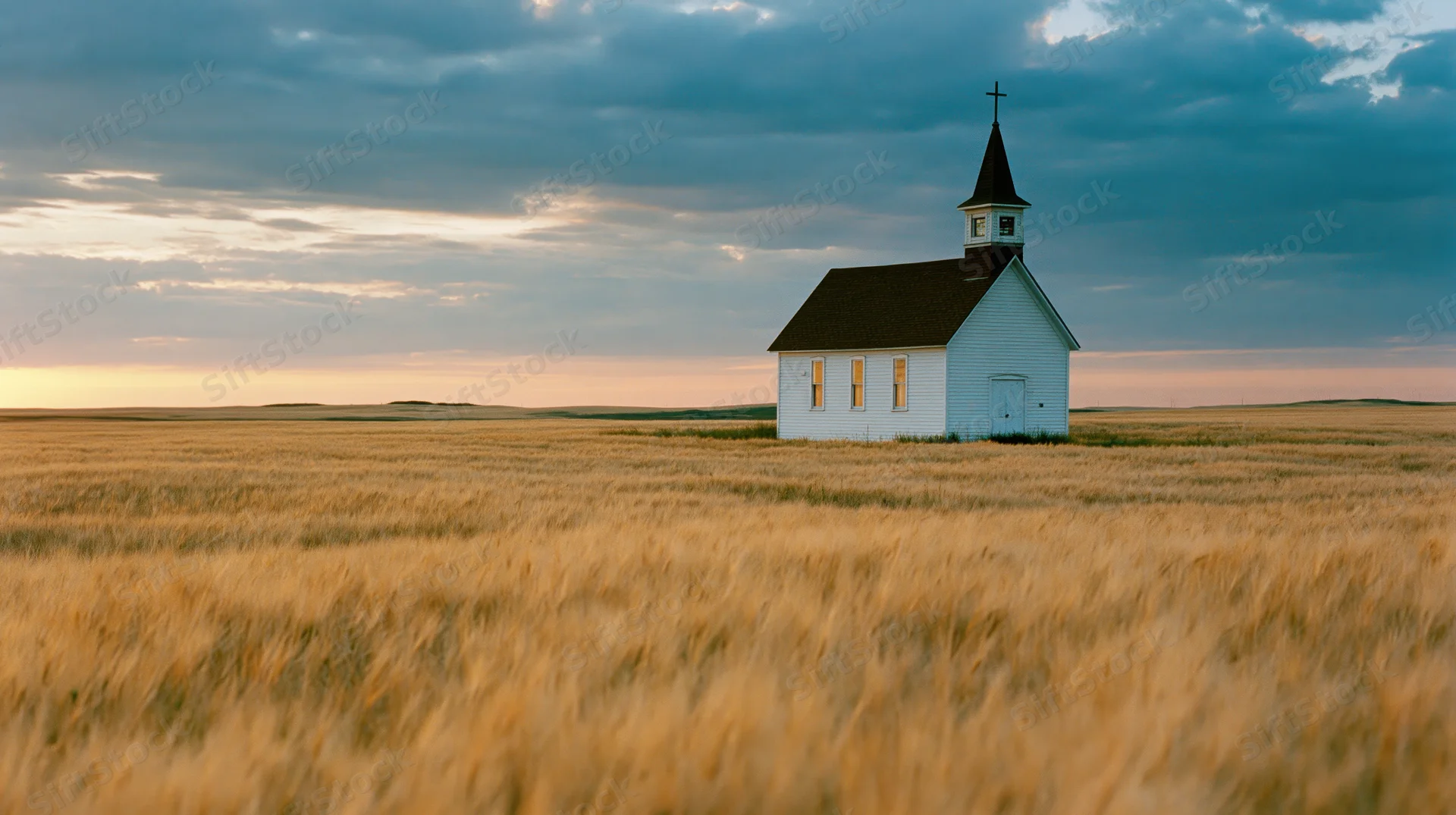 Small white chapel with dark steeple and cross standing in golden wheat field at sunset