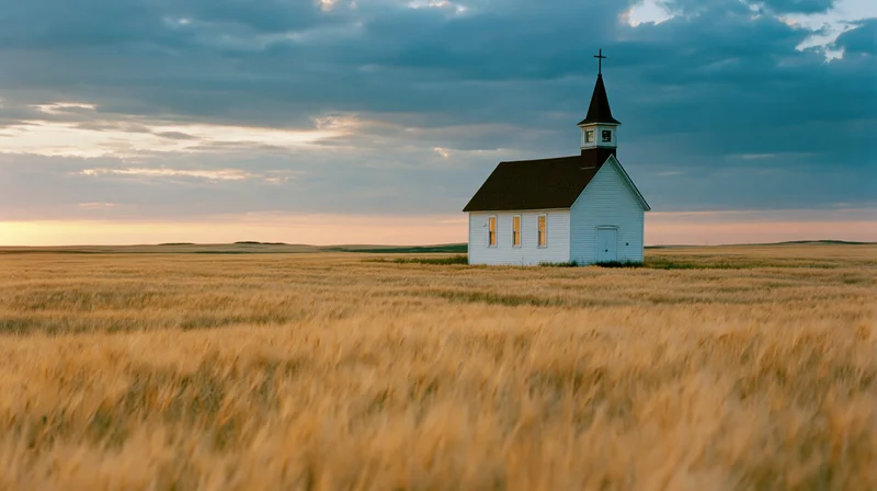 Small white chapel with dark steeple and cross standing in golden wheat field at sunset