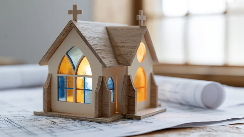 Small wooden church model with stained glass windows placed on architectural blueprints on a desk