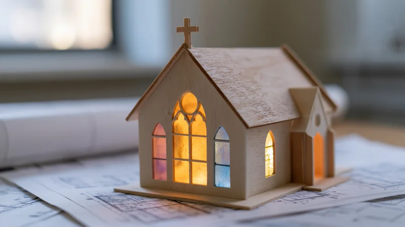 Wooden church model with stained glass windows illuminated, placed on architectural blueprints