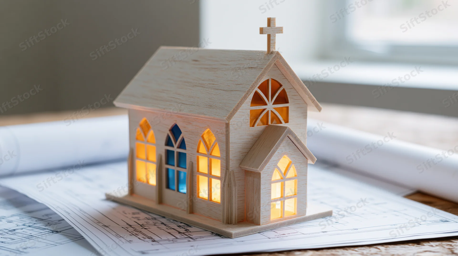 Wooden church model with glowing stained glass windows placed on architectural blueprints