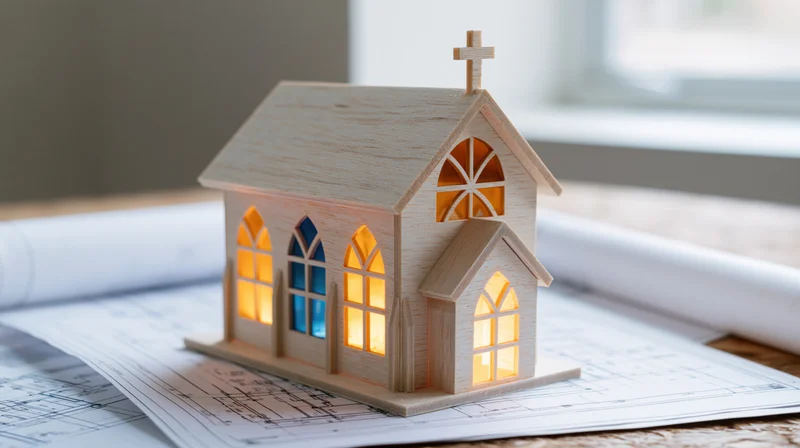 Wooden church model with glowing stained glass windows placed on architectural blueprints