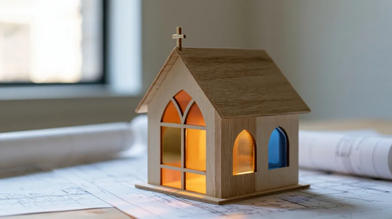 Wooden church model with colored windows on blueprints on a desk