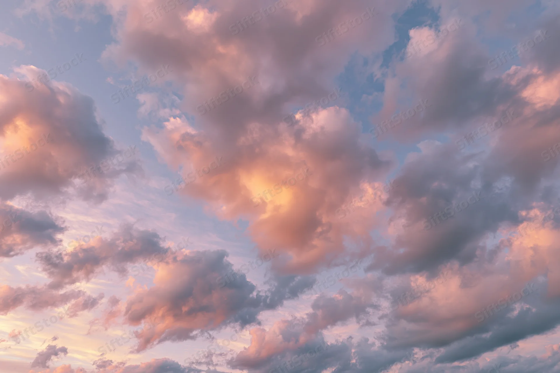 Soft cumulus clouds filling the sky at sunset viewed from below