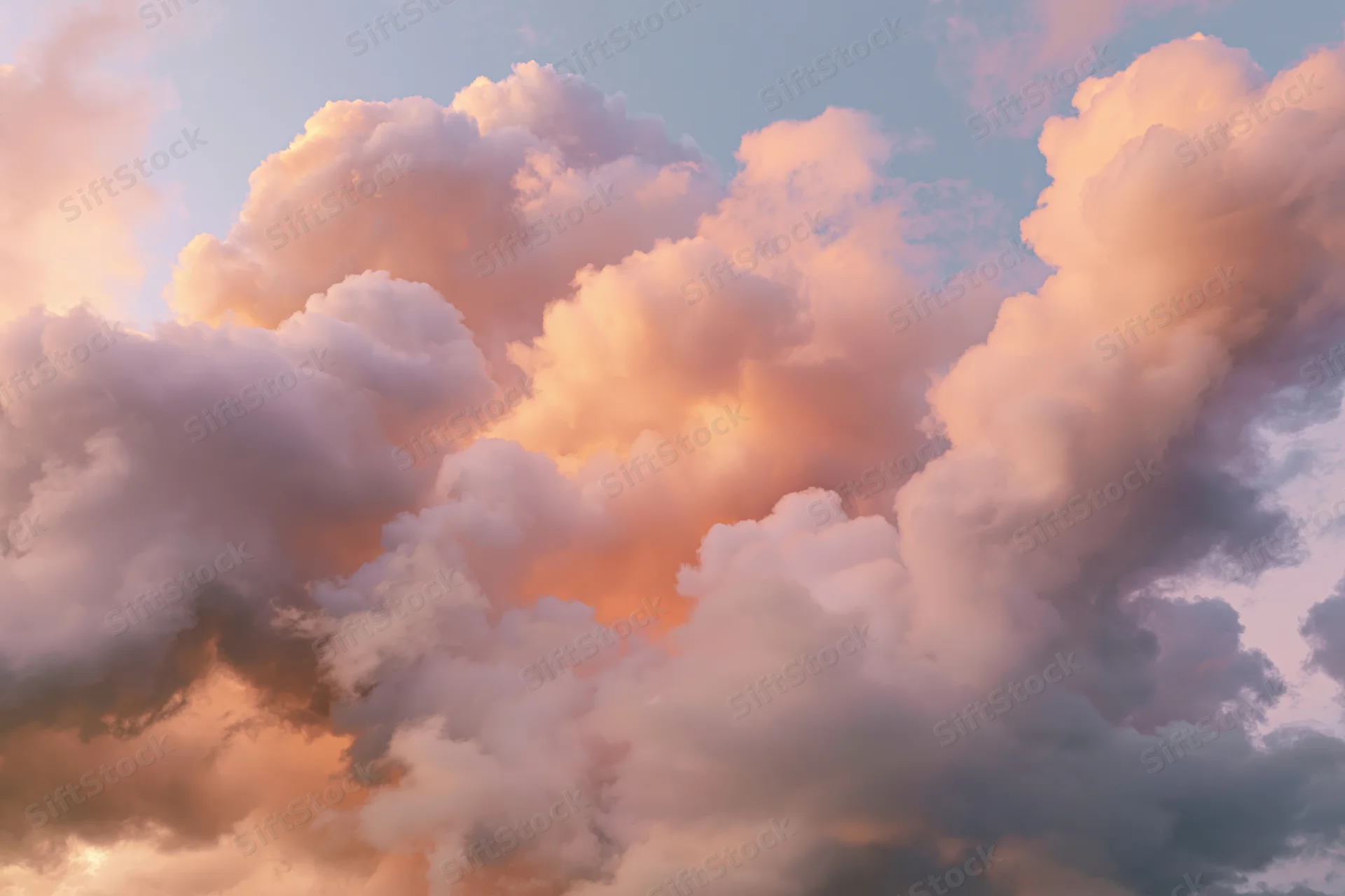 Soft cumulus clouds filling the sky viewed from below at sunset