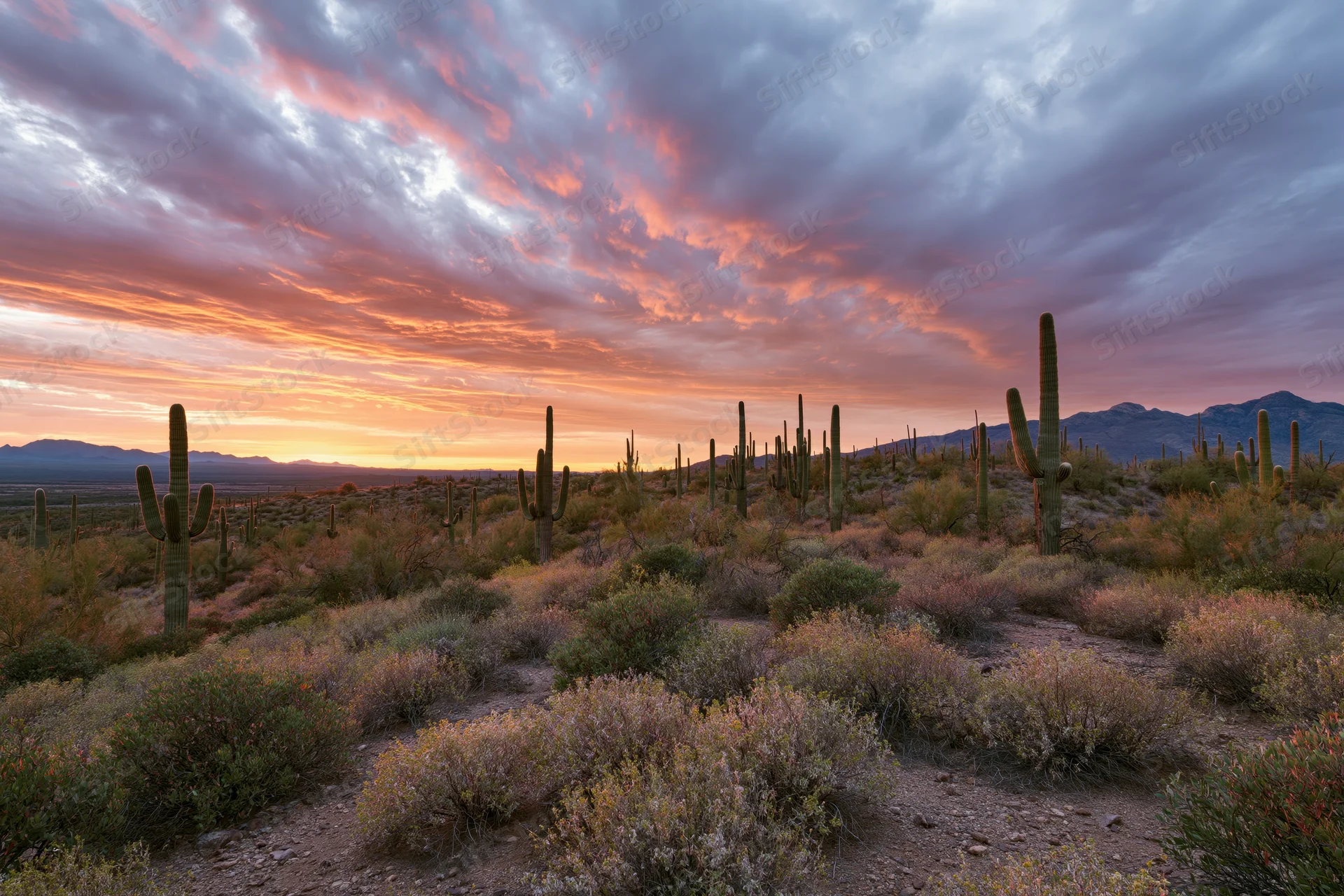 Scattered saguaro cacti in the sonoran desert at sunset with colorful clouds and distant mountains