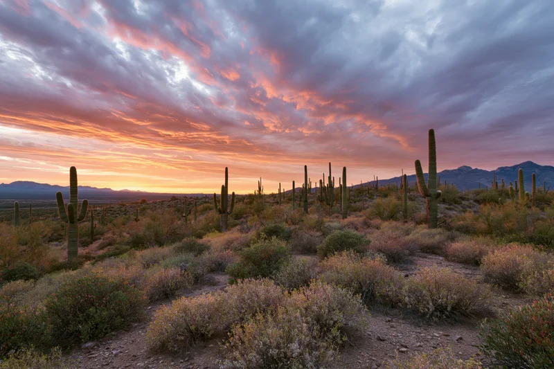 Scattered saguaro cacti in the sonoran desert at sunset with colorful clouds and distant mountains