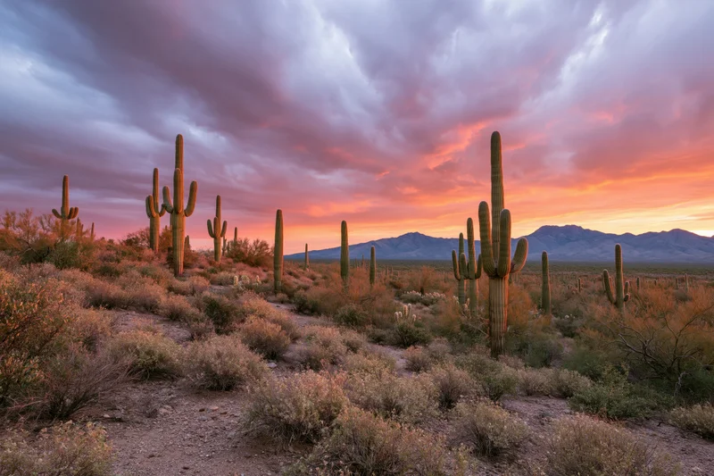 Scattered saguaro cacti in the sonoran desert at sunset with mountains in the distance