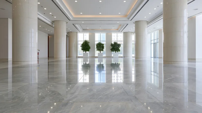 Spacious corporate lobby with polished marble floors and white columns