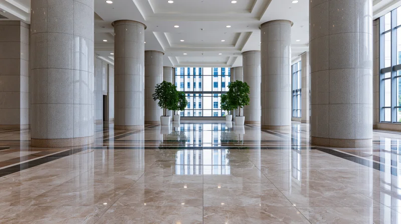 Spacious corporate building lobby with polished marble floors and large stone columns, featuring potted plants and floor-to-ceiling windows