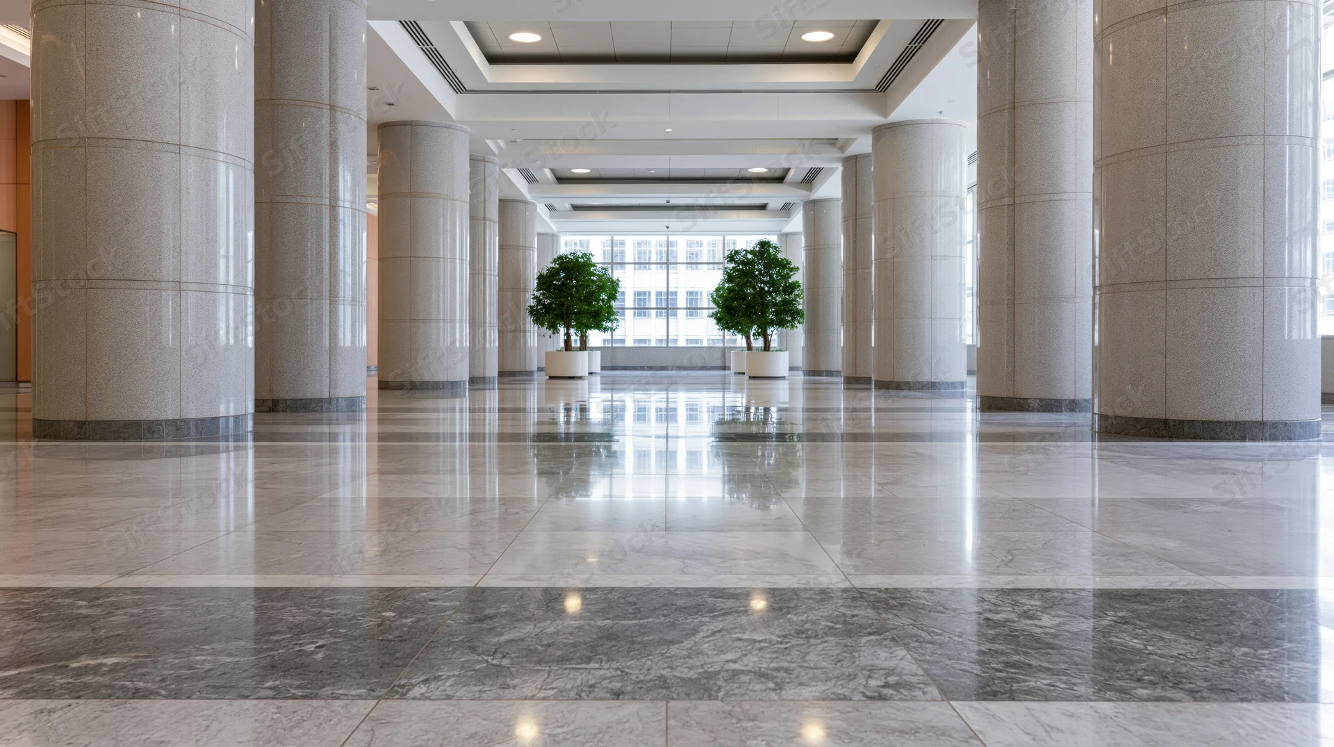 Spacious corporate lobby with polished marble floors and tall stone columns arranged symmetrically