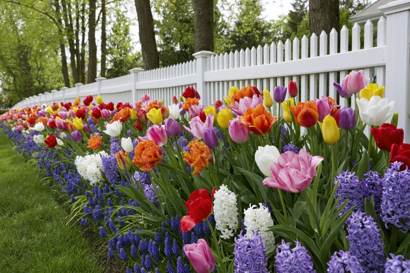 A row of colorful tulips and hyacinths planted along a white picket fence in a spring garden