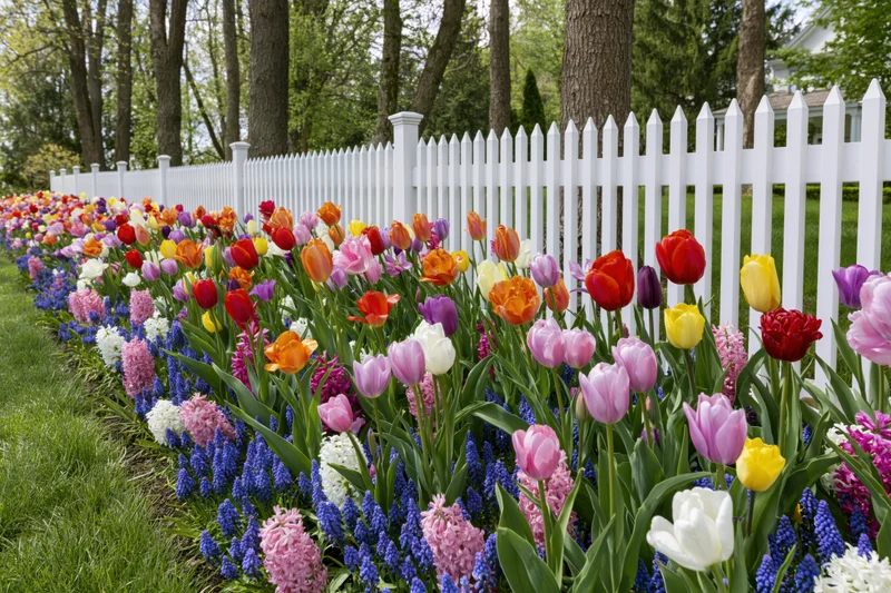Spring flower bed densely planted with tulips and hyacinths along a white picket fence in a front yard