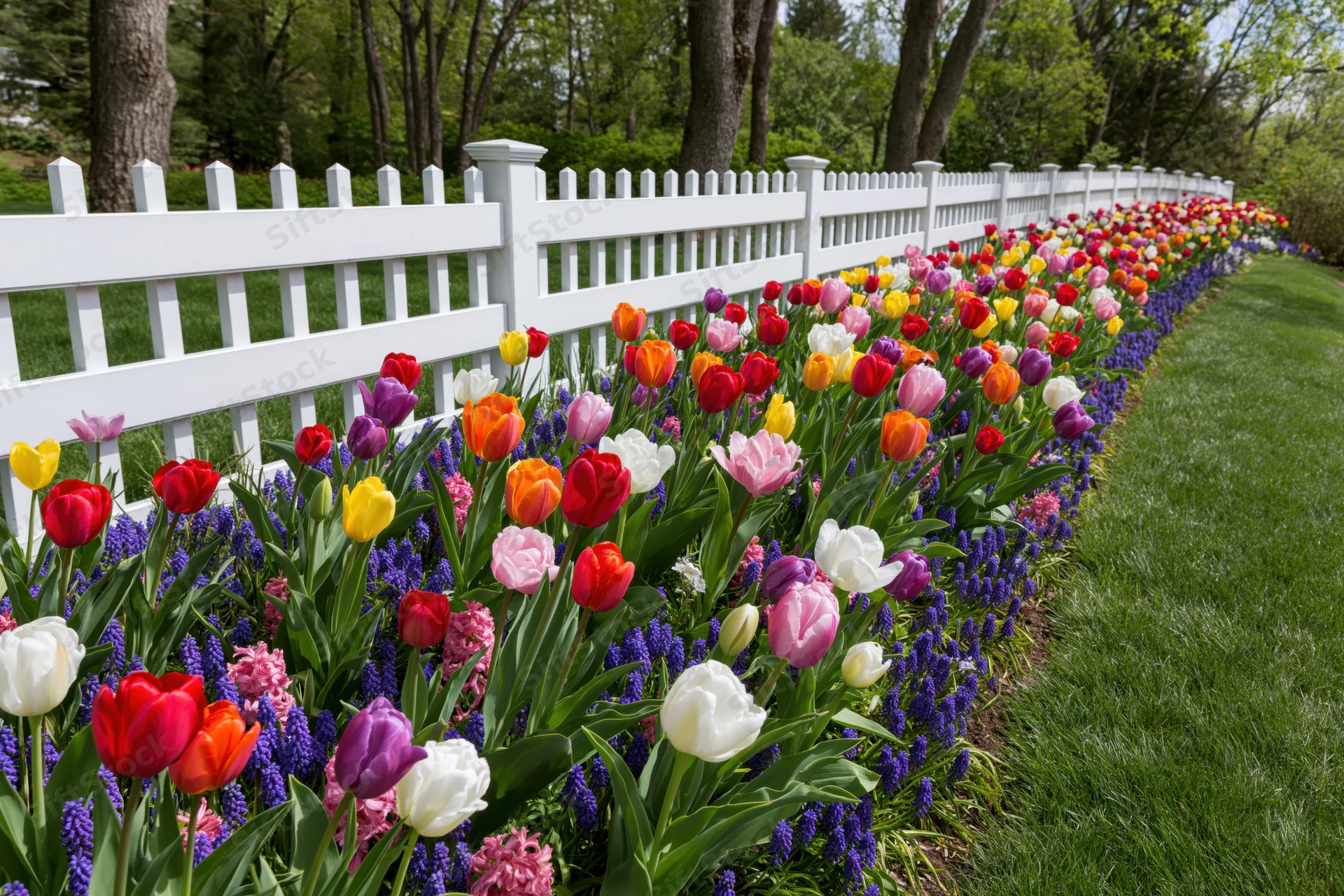 Spring flower bed densely planted with tulips and hyacinths along a white picket fence bordering a green lawn