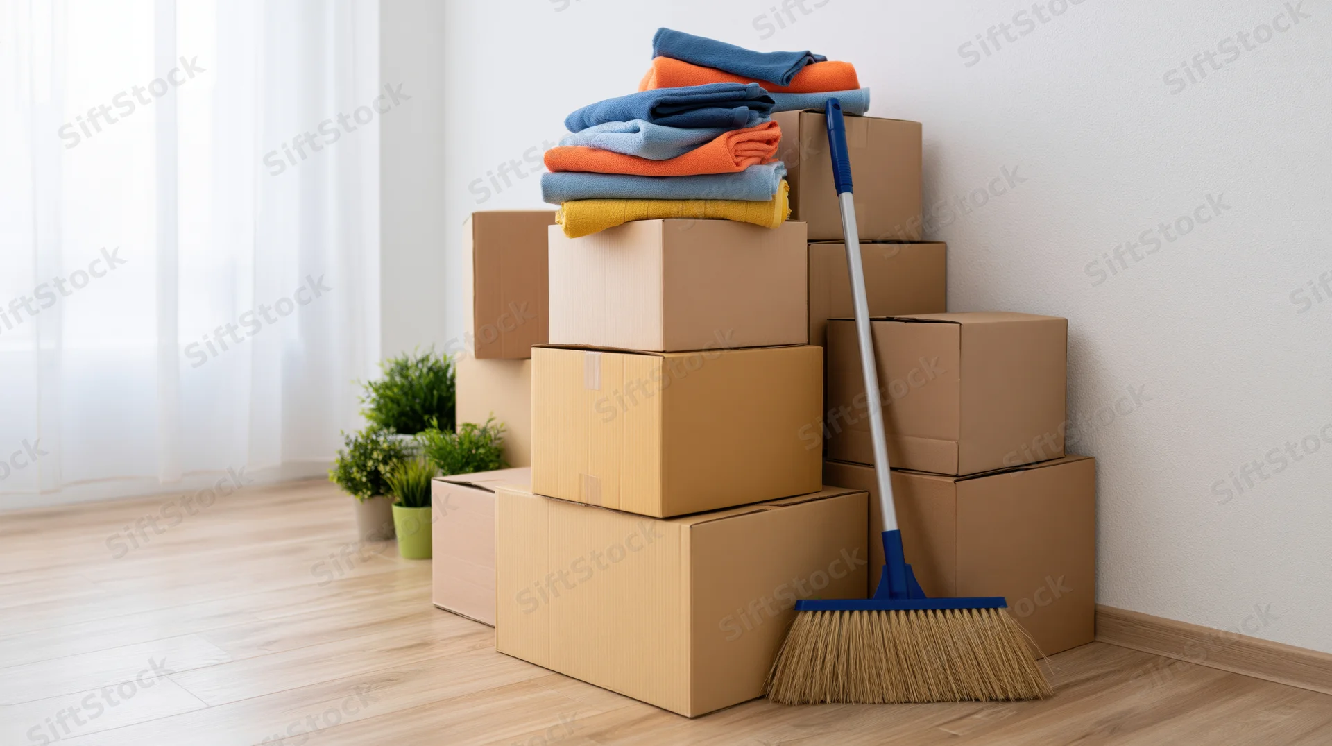 Stacked cardboard moving boxes piled against a white wall with folded towels on top and a broom leaning beside them in a bright room with wooden flooring and potted plants nearby
