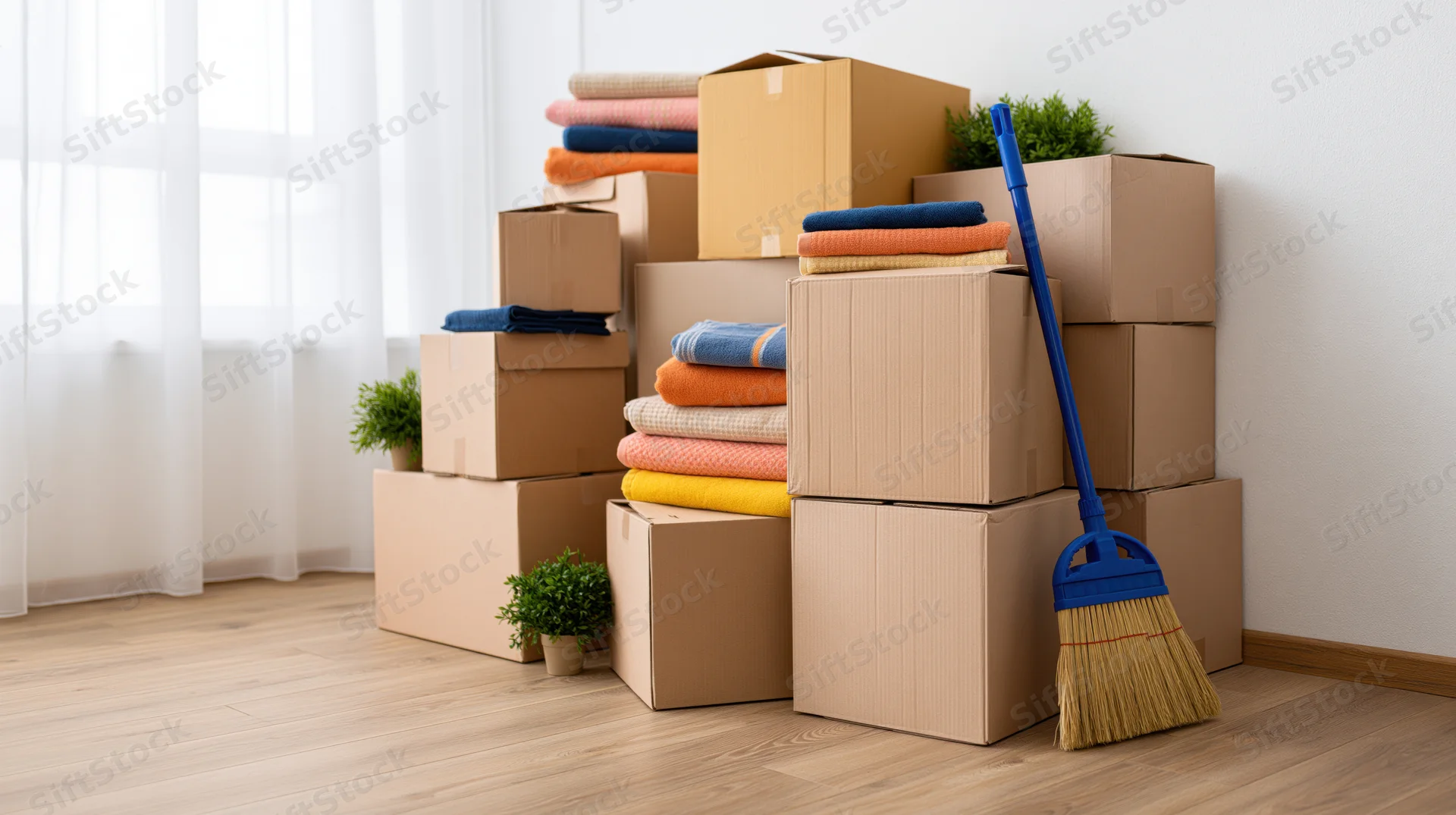 Stacked cardboard moving boxes piled against a white wall with folded towels and potted plants on a wooden floor near a window