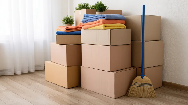 Stacked cardboard moving boxes piled against a white wall with towels and plants on top, next to a broom on a wooden floor near a window with sheer curtains