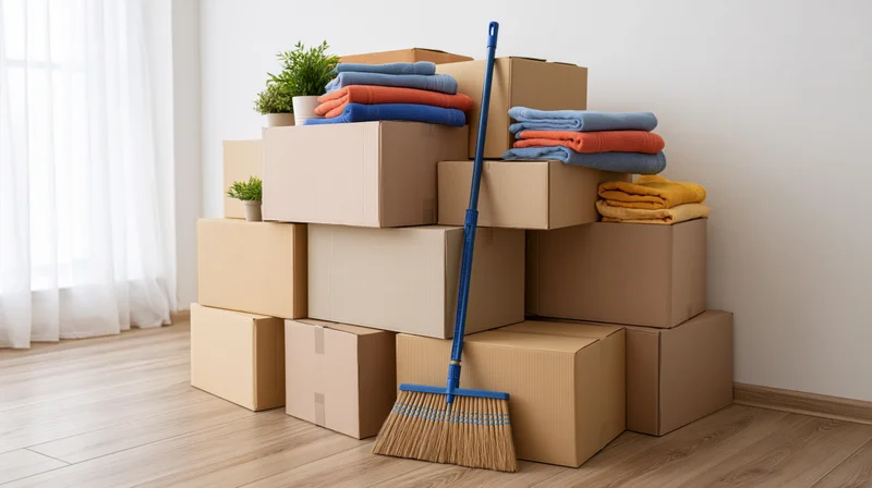 Stacked cardboard moving boxes piled against a white wall with a broom leaning on them in a bright room with wooden floor and window curtain