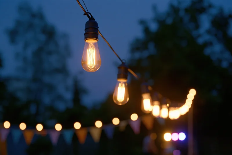 String of warm edison bulbs hanging outdoors at evening with blurred trees and party flags in background