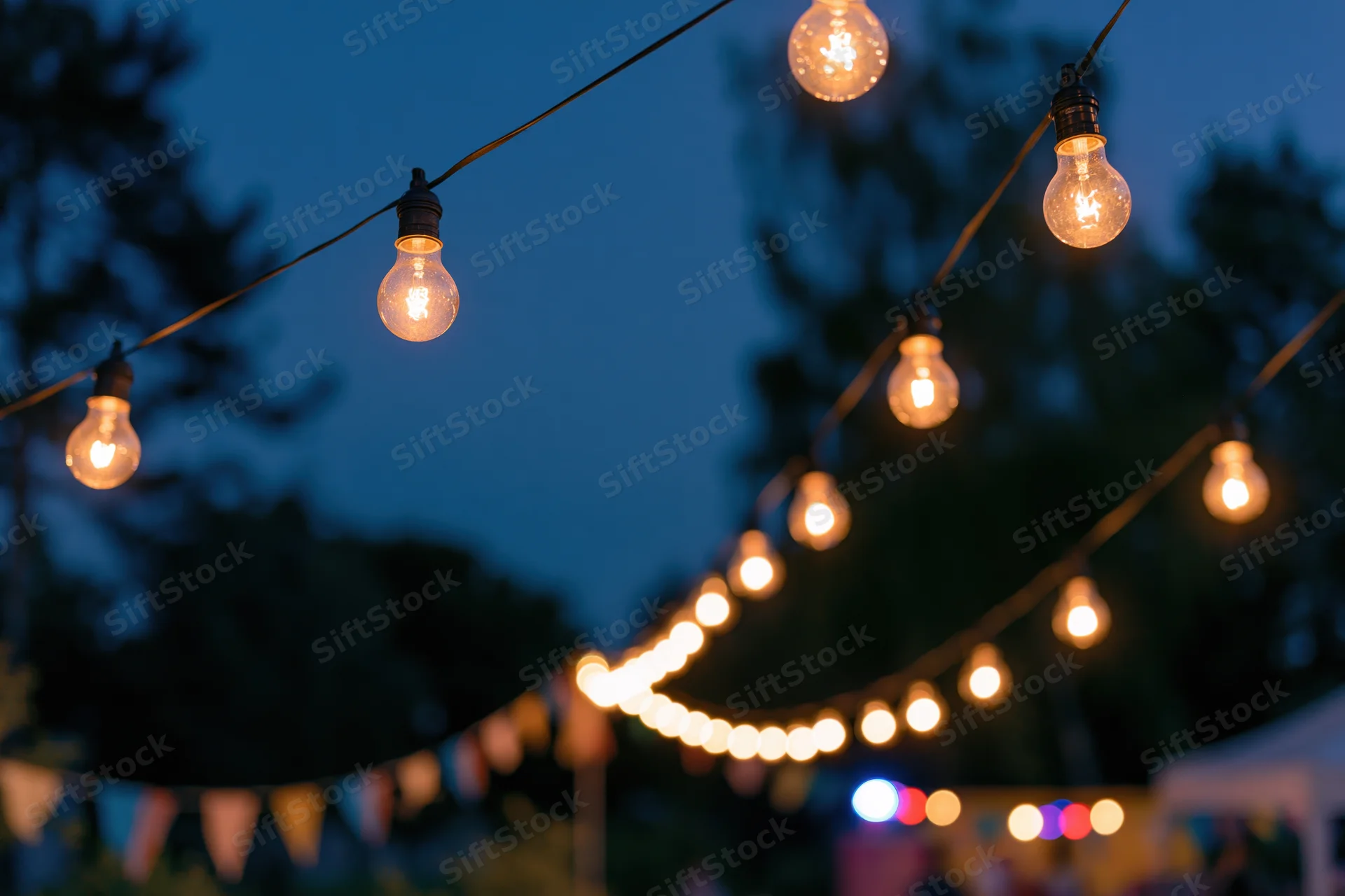 Strings of warm edison bulbs hanging outdoors at evening twilight