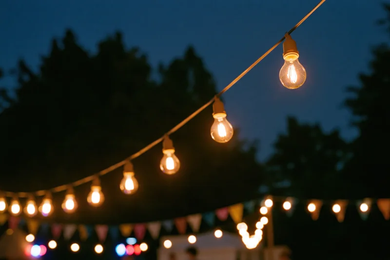 String of warm edison bulbs hanging outdoors at evening with trees and bunting in background