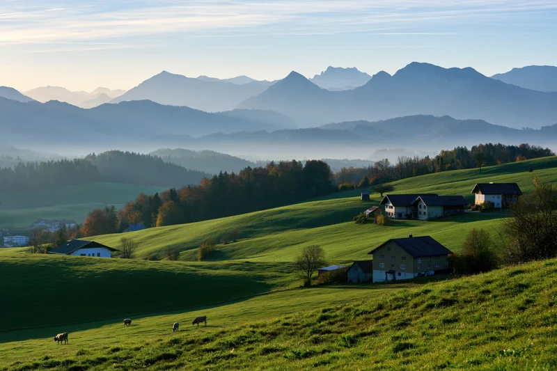 Rolling green hills with grazing cows and farmhouses in a mountain valley at sunrise