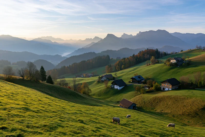 Grazing cows on green alpine meadows with scattered farmhouses and distant mountains in swiss valley