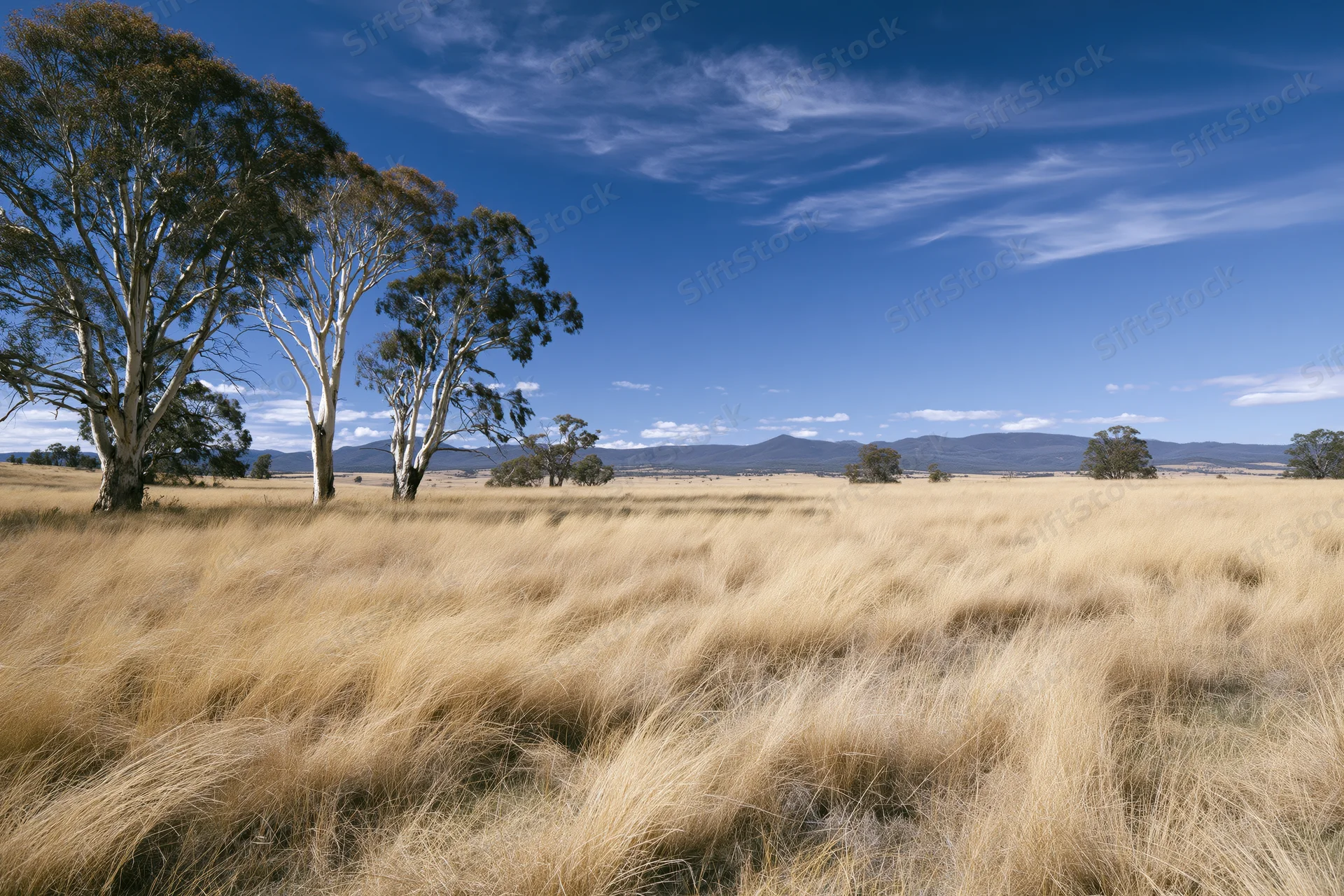 Tall eucalyptus trees with pale white bark standing in a dry golden grassland under a blue sky with scattered clouds