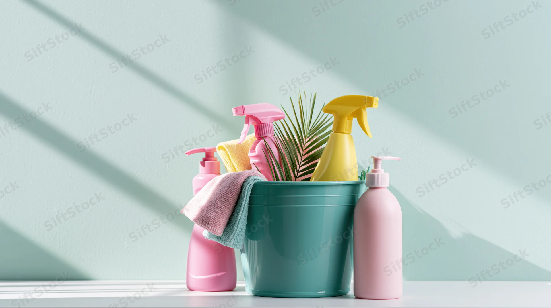Teal plastic bucket filled with pink and yellow spray bottles and cleaning cloths on a white surface against a light blue wall