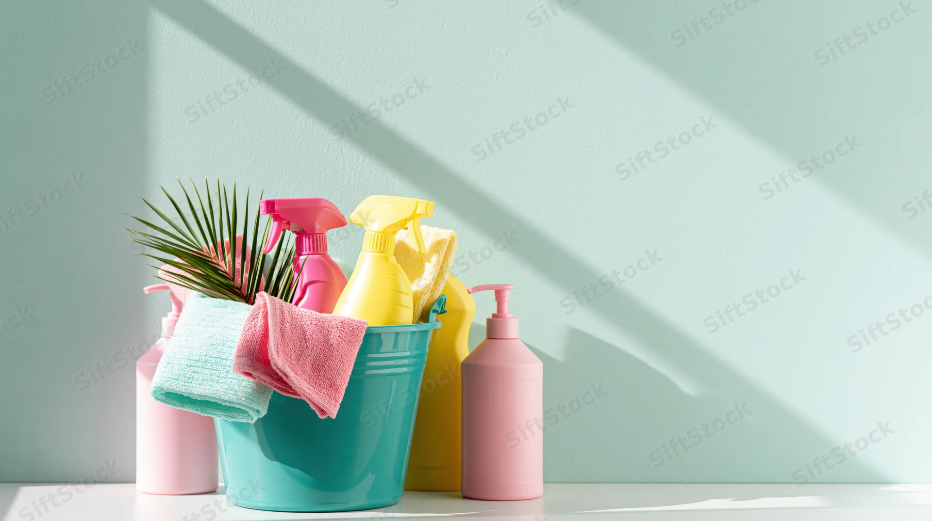 Teal plastic bucket filled with pink and yellow spray bottles, towels, and a palm frond on a white surface against a light green wall with diagonal sunlight shadows