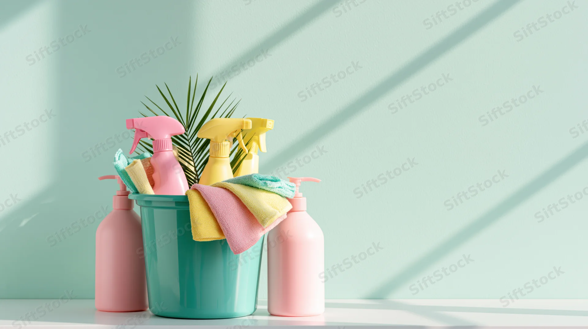 Teal plastic bucket filled with pink and yellow spray bottles and cleaning cloths on a white surface against a mint green wall