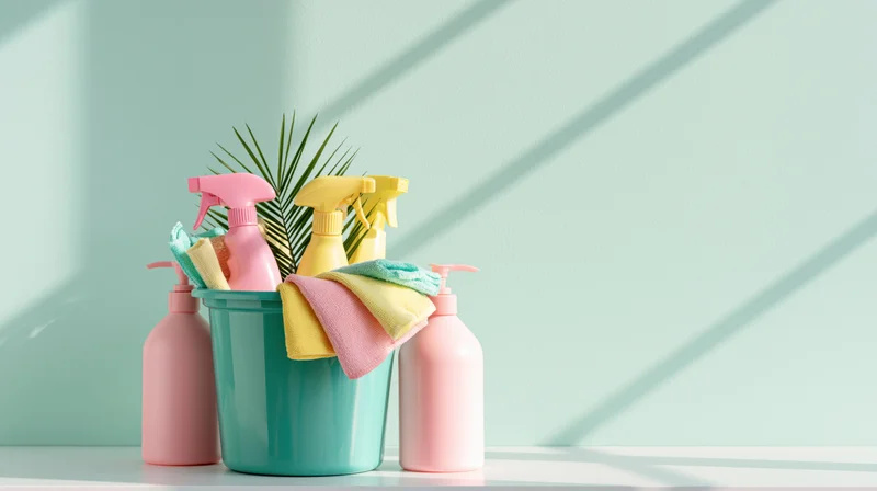 Teal plastic bucket filled with pink and yellow spray bottles and cleaning cloths on a white surface against a mint green wall