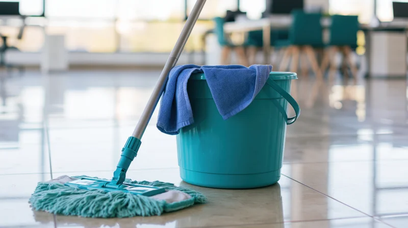 Teal mop bucket with blue cloth and mop on polished tile floor in office workspace
