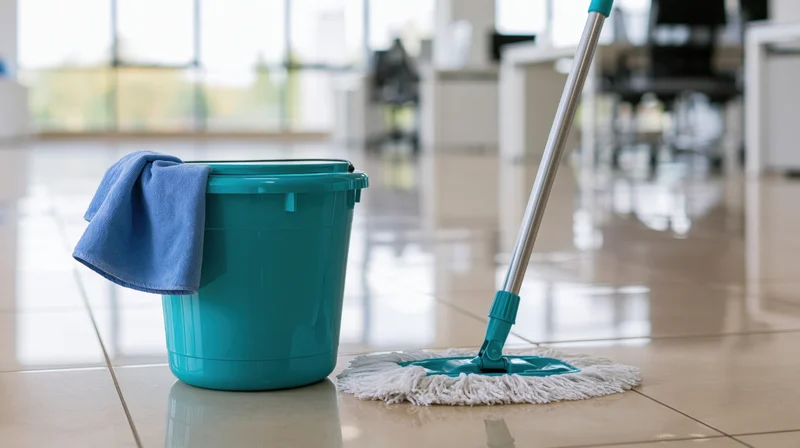 Teal mop bucket with blue cloth and mop on tiled office floor